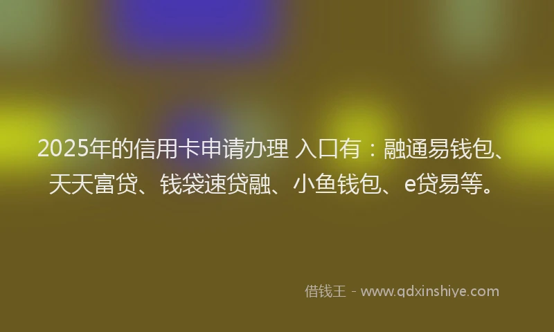 2025年的信用卡申请办理 入口有：融通易钱包、天天富贷、钱袋速贷融、小鱼钱包、e贷易等。