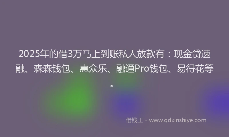 2025年的借3万马上到账私人放款有：现金贷速融、森森钱包、惠众乐、融通Pro钱包、易得花等。