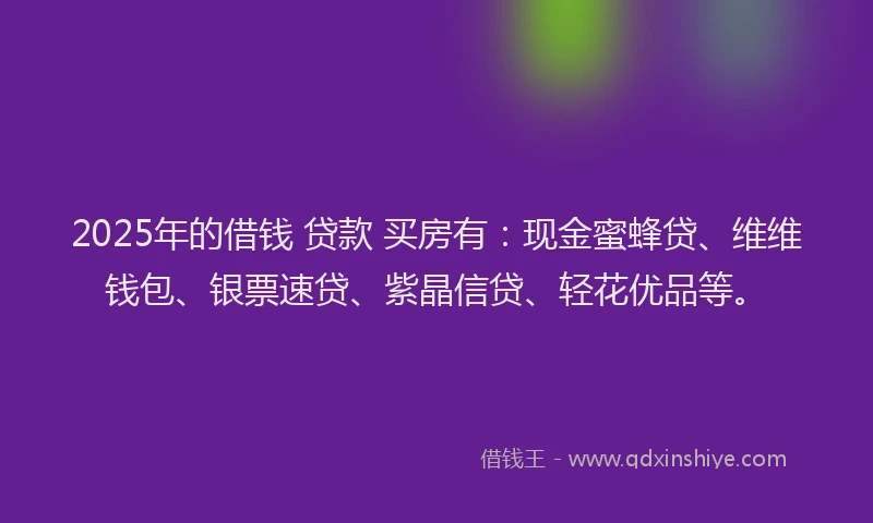 2025年的借钱 贷款 买房有：现金蜜蜂贷、维维钱包、银票速贷、紫晶信贷、轻花优品等。