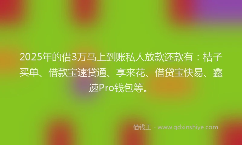 2025年的借3万马上到账私人放款还款有：桔子买单、借款宝速贷通、享来花、借贷宝快易、鑫速Pro钱包等。