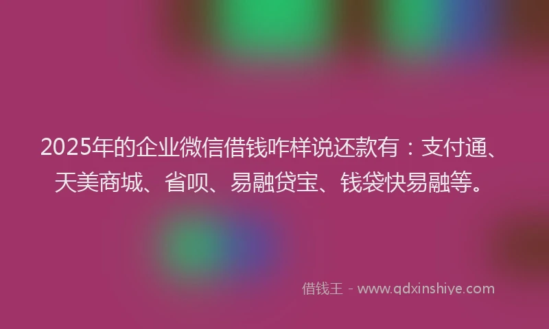2025年的企业微信借钱咋样说还款有：支付通、天美商城、省呗、易融贷宝、钱袋快易融等。