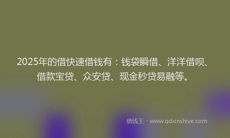 2025年的借快速借钱有：钱袋瞬借、洋洋借呗、借款宝贷、众安贷、现金秒贷易融等。
