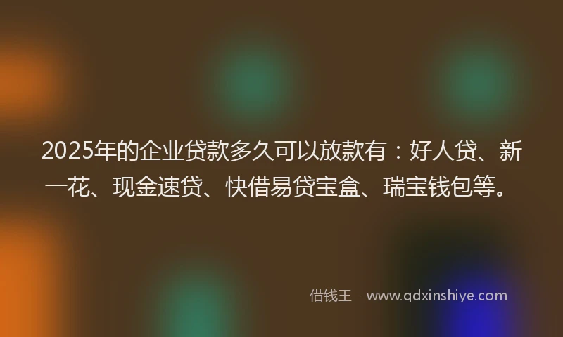 2025年的企业贷款多久可以放款有：好人贷、新一花、现金速贷、快借易贷宝盒、瑞宝钱包等。