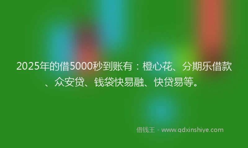 2025年的借5000秒到账有：橙心花、分期乐借款、众安贷、钱袋快易融、快贷易等。