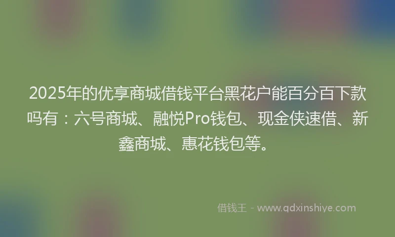 2025年的优享商城借钱平台黑花户能百分百下款吗有：六号商城、融悦Pro钱包、现金侠速借、新鑫商城、惠花钱包等。