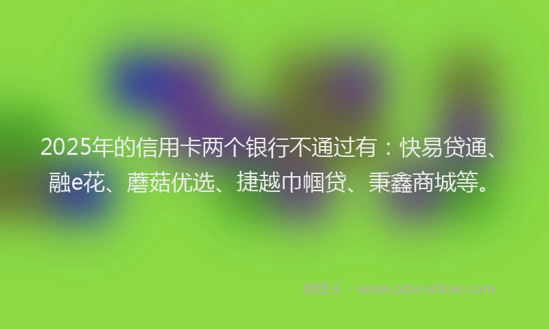 2025年的信用卡两个银行不通过有：快易贷通、融e花、蘑菇优选、捷越巾帼贷、秉鑫商城等。