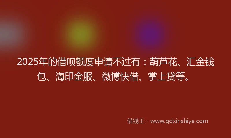 2025年的借呗额度申请不过有：葫芦花、汇金钱包、海印金服、微博快借、掌上贷等。