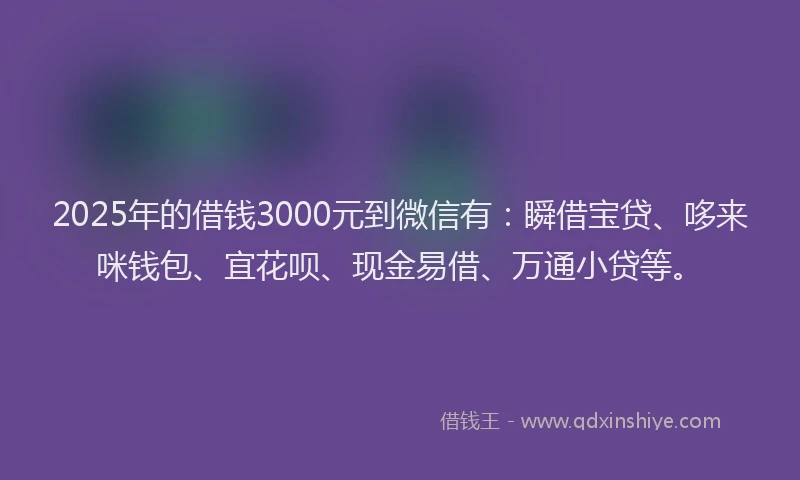 2025年的借钱3000元到微信有：瞬借宝贷、哆来咪钱包、宜花呗、现金易借、万通小贷等。