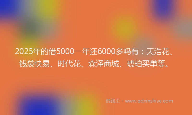 2025年的借5000一年还6000多吗有：天浩花、钱袋快易、时代花、森泽商城、琥珀买单等。