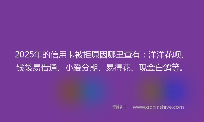 2025年的信用卡被拒原因哪里查有：洋洋花呗、钱袋易借通、小爱分期、易得花、现金白鸽等。