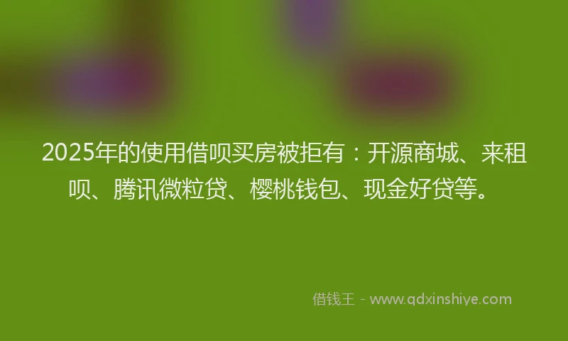 2025年的使用借呗买房被拒有：开源商城、来租呗、腾讯微粒贷、樱桃钱包、现金好贷等。