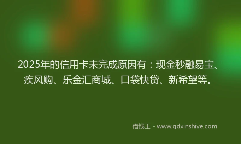2025年的信用卡未完成原因有：现金秒融易宝、疾风购、乐金汇商城、口袋快贷、新希望等。