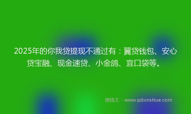 2025年的你我贷提现不通过有：翼贷钱包、安心贷宝融、现金速贷、小金鸽、宜口袋等。