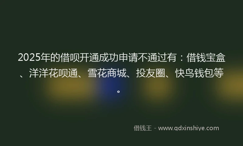 2025年的借呗开通成功申请不通过有：借钱宝盒、洋洋花呗通、雪花商城、投友圈、快鸟钱包等。