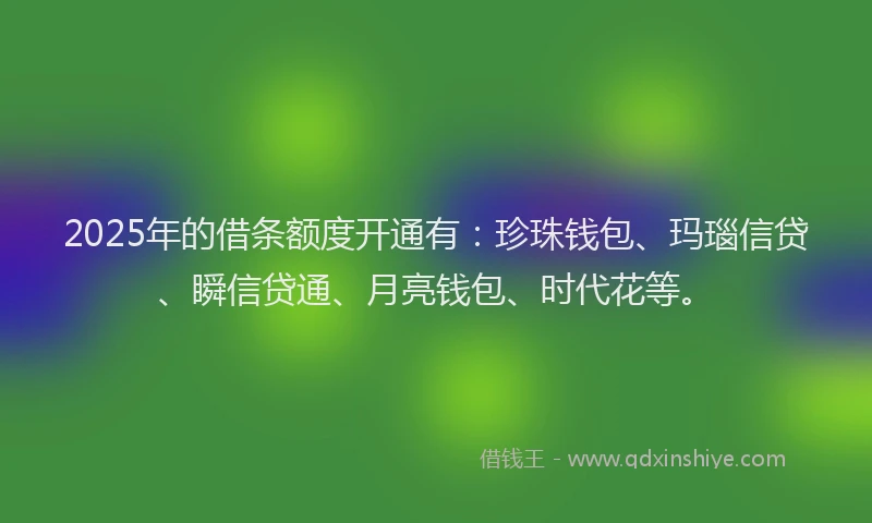 2025年的借条额度开通有：珍珠钱包、玛瑙信贷、瞬信贷通、月亮钱包、时代花等。