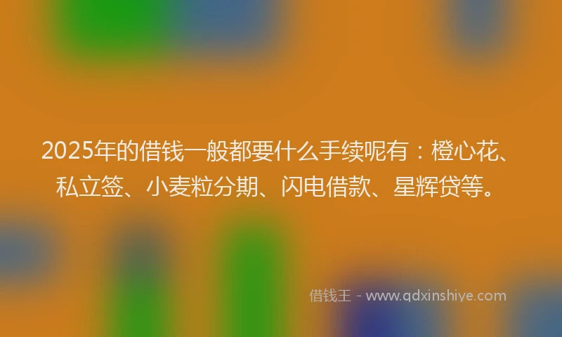 2025年的借钱一般都要什么手续呢有：橙心花、私立签、小麦粒分期、闪电借款、星辉贷等。