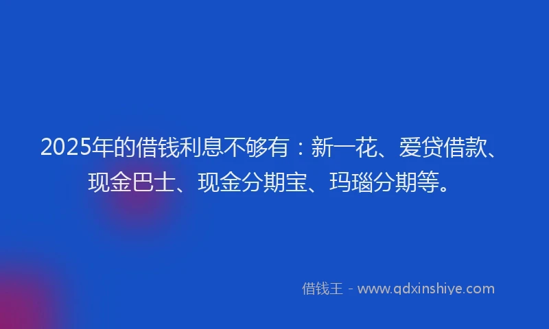 2025年的借钱利息不够有：新一花、爱贷借款、现金巴士、现金分期宝、玛瑙分期等。
