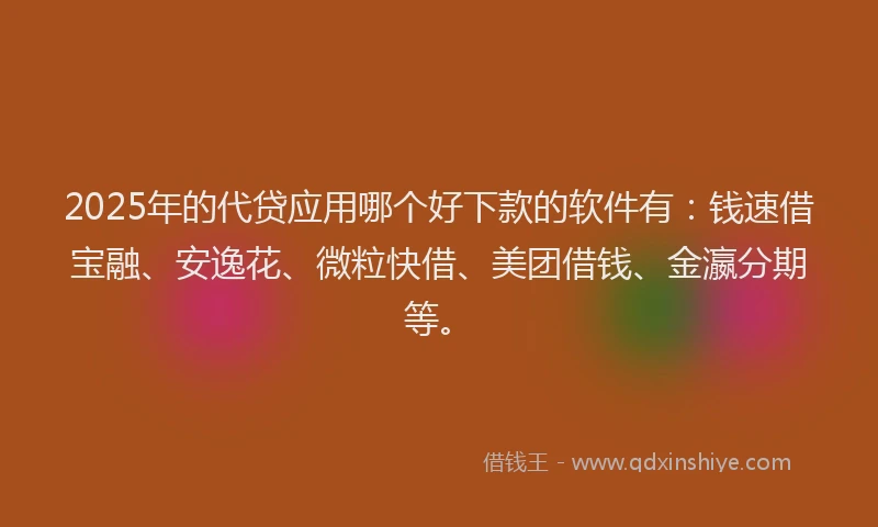 2025年的代贷应用哪个好下款的软件有：钱速借宝融、安逸花、微粒快借、美团借钱、金瀛分期等。
