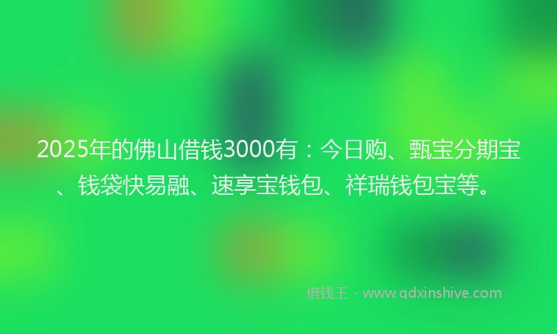 2025年的佛山借钱3000有：今日购、甄宝分期宝、钱袋快易融、速享宝钱包、祥瑞钱包宝等。