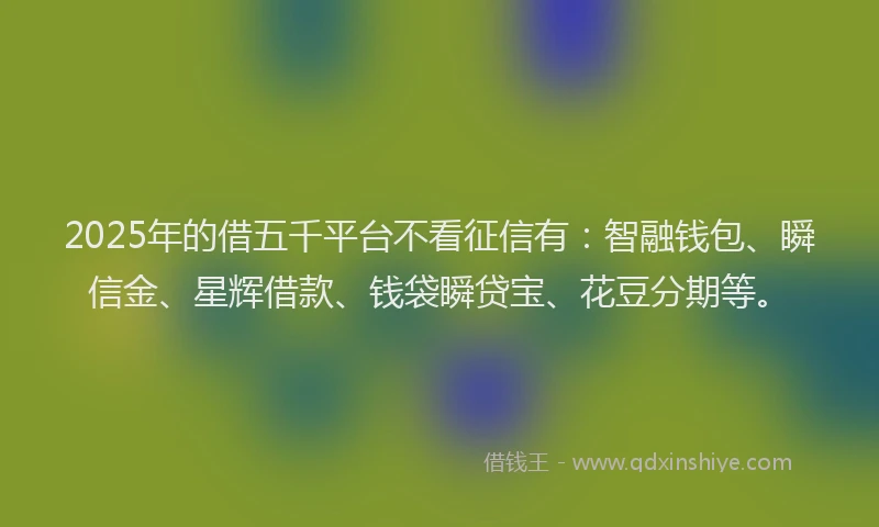 2025年的借五千平台不看征信有：智融钱包、瞬信金、星辉借款、钱袋瞬贷宝、花豆分期等。
