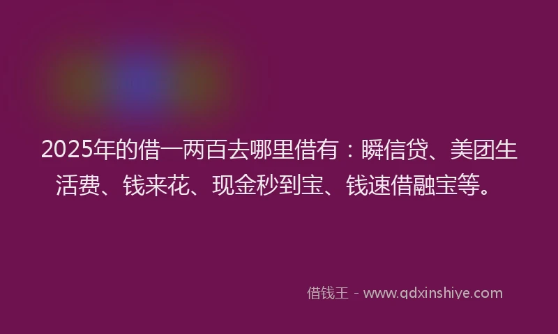 2025年的借一两百去哪里借有：瞬信贷、美团生活费、钱来花、现金秒到宝、钱速借融宝等。