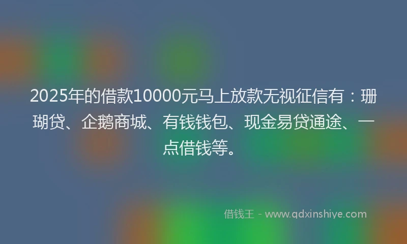 2025年的借款10000元马上放款无视征信有：珊瑚贷、企鹅商城、有钱钱包、现金易贷通途、一点借钱等。