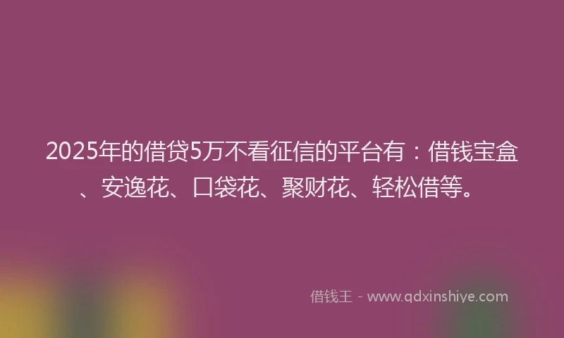 2025年的借贷5万不看征信的平台有：借钱宝盒、安逸花、口袋花、聚财花、轻松借等。