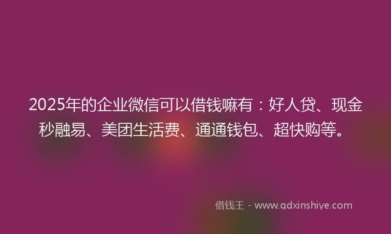 2025年的企业微信可以借钱嘛有：好人贷、现金秒融易、美团生活费、通通钱包、超快购等。