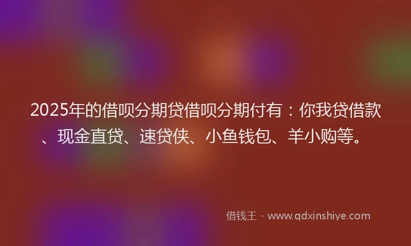 2025年的借呗分期贷借呗分期付有：你我贷借款、现金直贷、速贷侠、小鱼钱包、羊小购等。