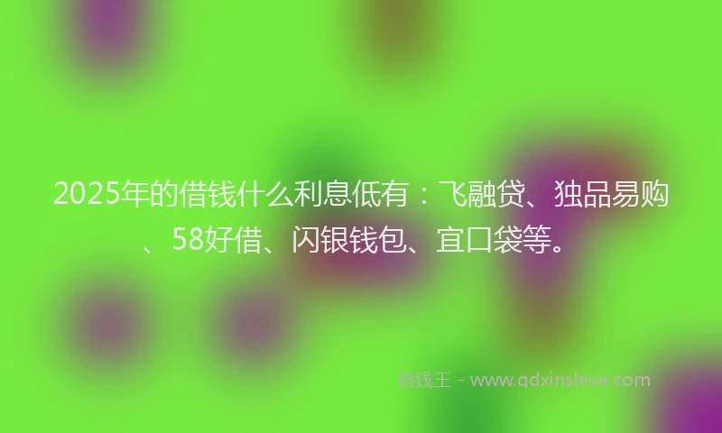 2025年的借钱什么利息低有：飞融贷、独品易购、58好借、闪银钱包、宜口袋等。