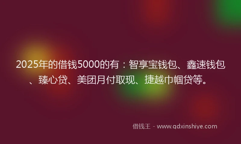 2025年的借钱5000的有：智享宝钱包、鑫速钱包、臻心贷、美团月付取现、捷越巾帼贷等。