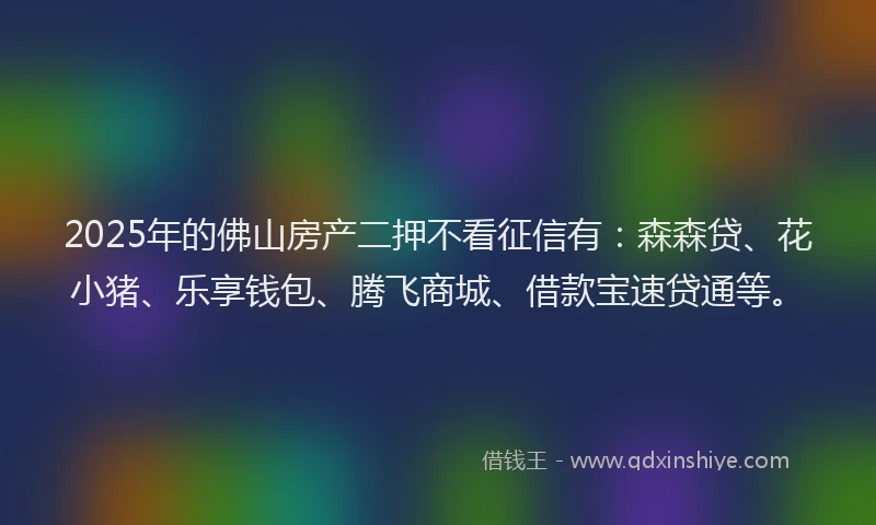 2025年的佛山房产二押不看征信有：森森贷、花小猪、乐享钱包、腾飞商城、借款宝速贷通等。