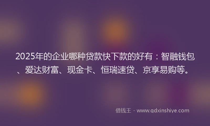 2025年的企业哪种贷款快下款的好有：智融钱包、爱达财富、现金卡、恒瑞速贷、京享易购等。
