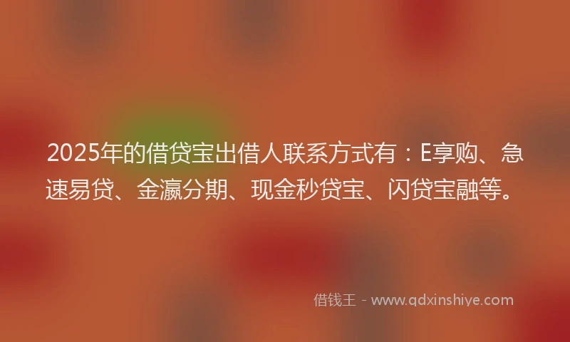 2025年的借贷宝出借人联系方式有：E享购、急速易贷、金瀛分期、现金秒贷宝、闪贷宝融等。