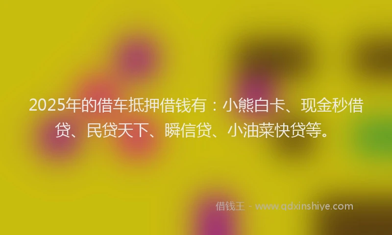 2025年的借车抵押借钱有：小熊白卡、现金秒借贷、民贷天下、瞬信贷、小油菜快贷等。
