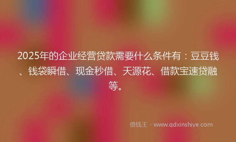 2025年的企业经营贷款需要什么条件有：豆豆钱、钱袋瞬借、现金秒借、天源花、借款宝速贷融等。