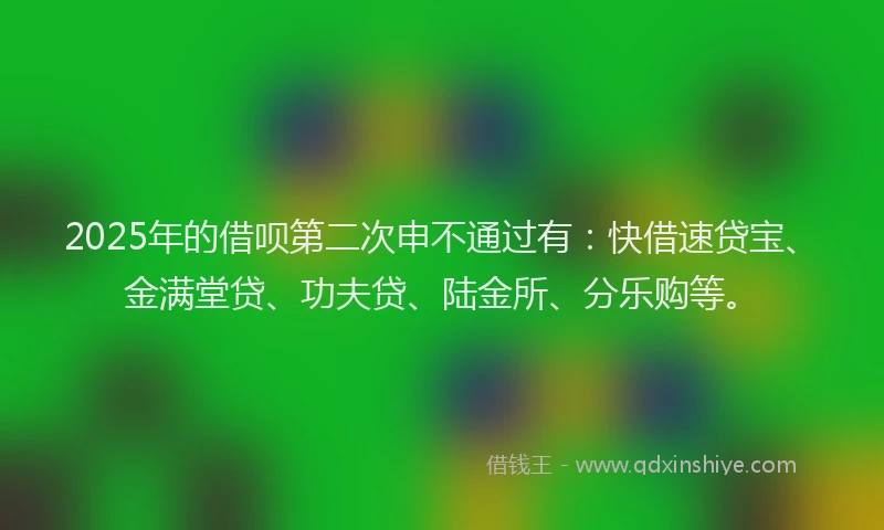 2025年的借呗第二次申不通过有：快借速贷宝、金满堂贷、功夫贷、陆金所、分乐购等。