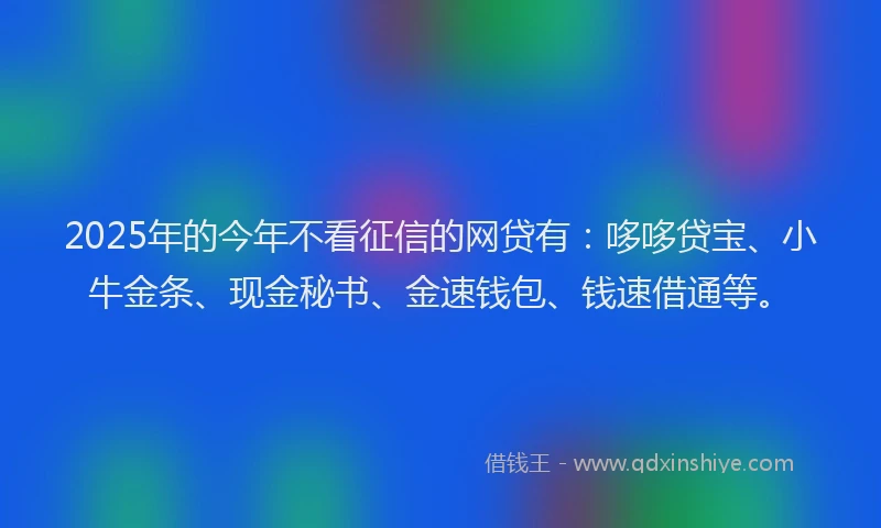 2025年的今年不看征信的网贷有：哆哆贷宝、小牛金条、现金秘书、金速钱包、钱速借通等。