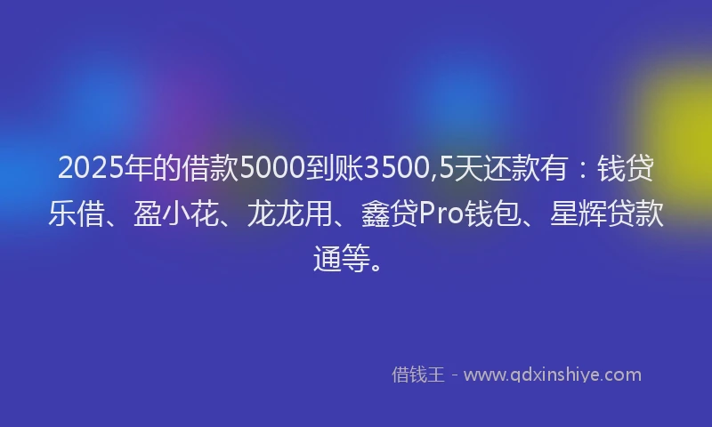 2025年的借款5000到账3500,5天还款有：钱贷乐借、盈小花、龙龙用、鑫贷Pro钱包、星辉贷款通等。