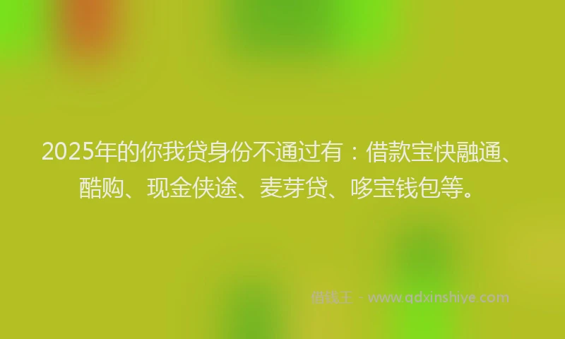 2025年的你我贷身份不通过有：借款宝快融通、酷购、现金侠途、麦芽贷、哆宝钱包等。