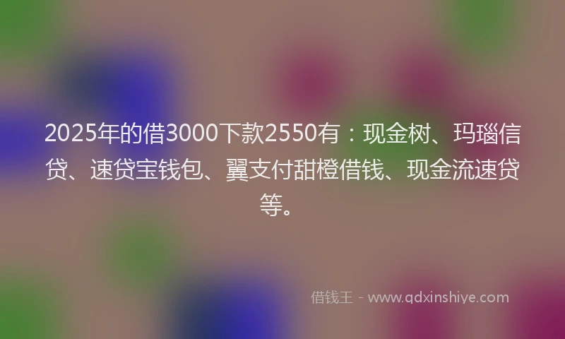 2025年的借3000下款2550有：现金树、玛瑙信贷、速贷宝钱包、翼支付甜橙借钱、现金流速贷等。
