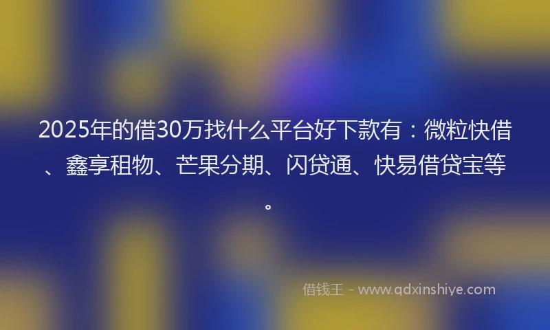 2025年的借30万找什么平台好下款有：微粒快借、鑫享租物、芒果分期、闪贷通、快易借贷宝等。