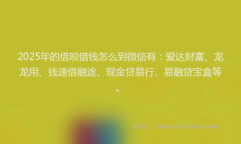 2025年的借呗借钱怎么到微信有：爱达财富、龙龙用、钱速借融途、现金贷易行、易融贷宝盒等。