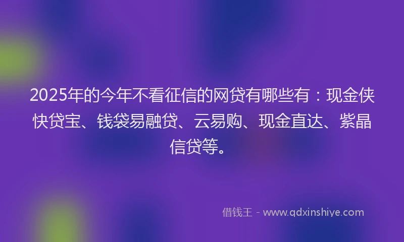 2025年的今年不看征信的网贷有哪些有：现金侠快贷宝、钱袋易融贷、云易购、现金直达、紫晶信贷等。