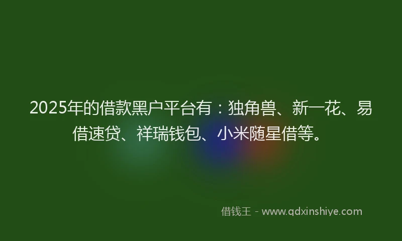 2025年的借款黑户平台有：独角兽、新一花、易借速贷、祥瑞钱包、小米随星借等。