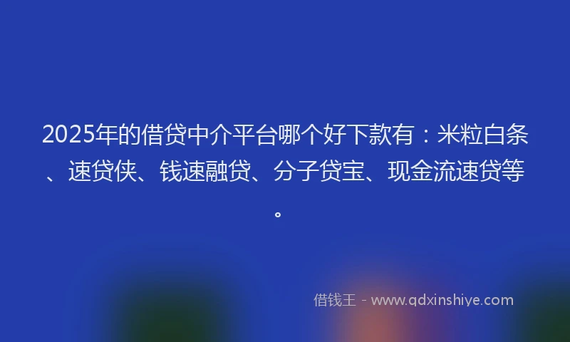 2025年的借贷中介平台哪个好下款有：米粒白条、速贷侠、钱速融贷、分子贷宝、现金流速贷等。
