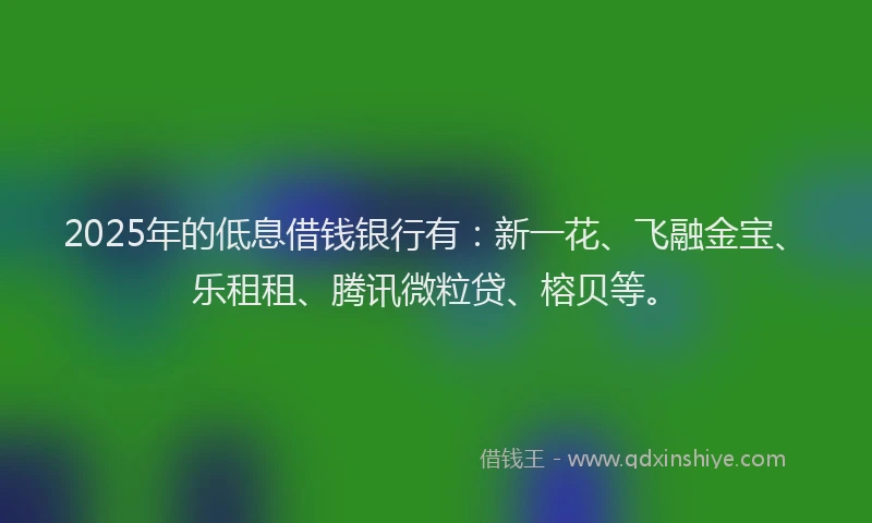 2025年的低息借钱银行有：新一花、飞融金宝、乐租租、腾讯微粒贷、榕贝等。
