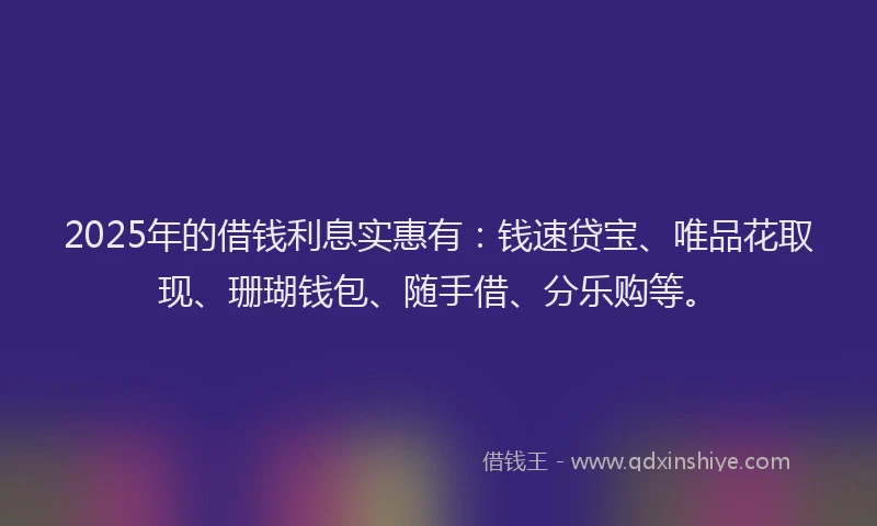 2025年的借钱利息实惠有：钱速贷宝、唯品花取现、珊瑚钱包、随手借、分乐购等。