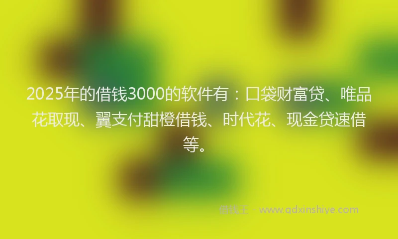 2025年的借钱3000的软件有：口袋财富贷、唯品花取现、翼支付甜橙借钱、时代花、现金贷速借等。