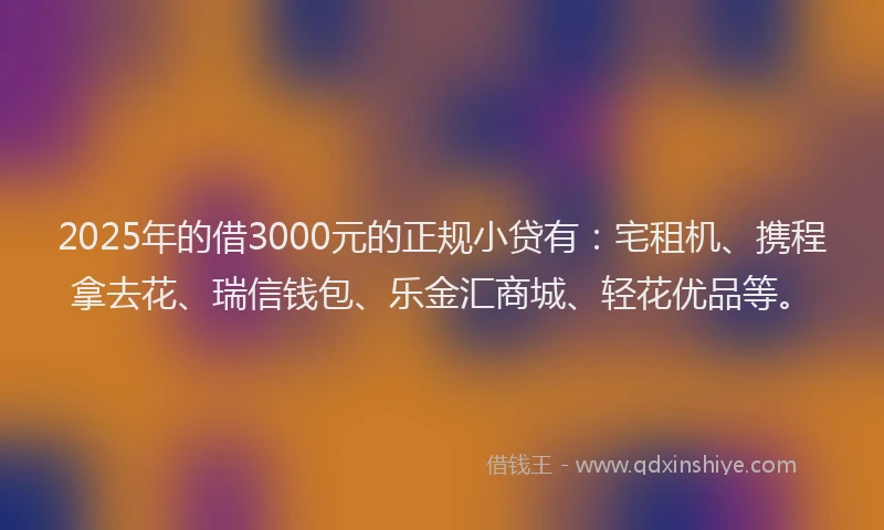 2025年的借3000元的正规小贷有：宅租机、携程拿去花、瑞信钱包、乐金汇商城、轻花优品等。